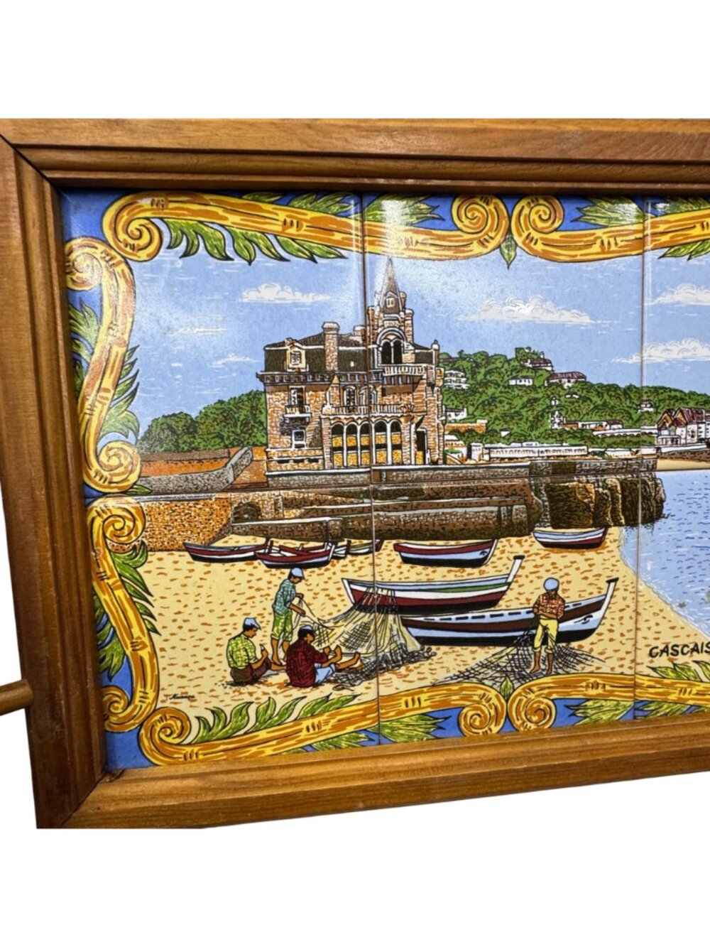 Portuguese Tile Serving Tray Wooden Frame & Handles Cascais Coastal Scene 17X10 - Picture 2 of 9